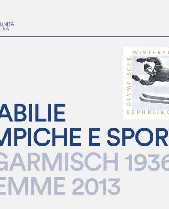 A sign announcing an exhibition titled "Olympic and Sporting Wonders" at Villa Flora. The exhibition focuses on the Olympic events from Garmisch 1936 to Fiemme 2013.